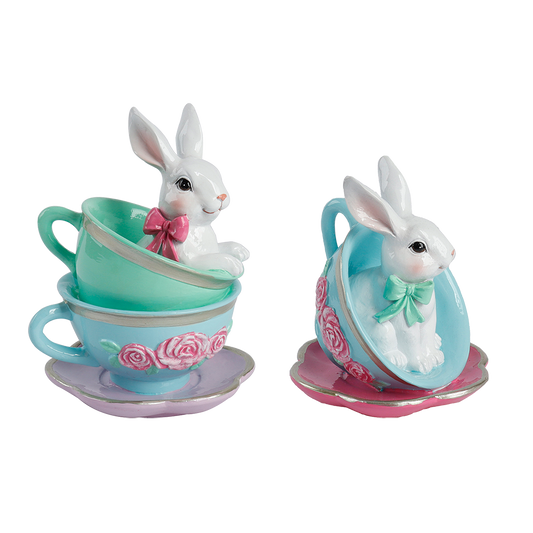 Viv! Christmas Easter Decoration - Bunny in Teacup - Set of 2 - 16 & 13cm