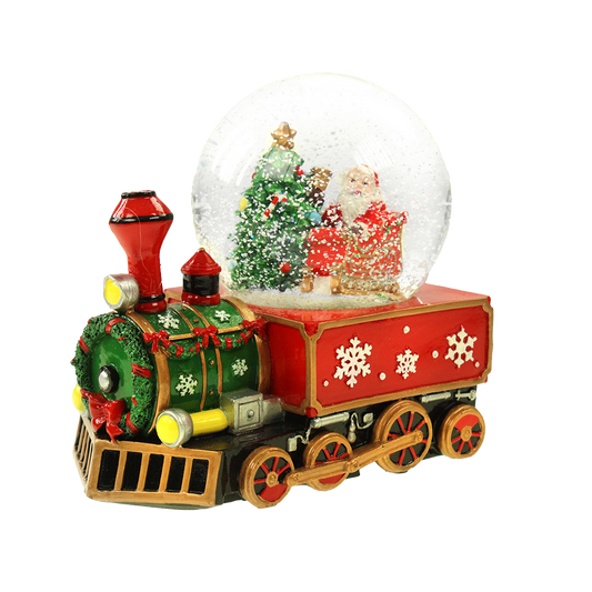 Viv! Christmas Kerst Sneeuwbol incl. Muziekdoos - Kerstman met Trein - rood - 16cm