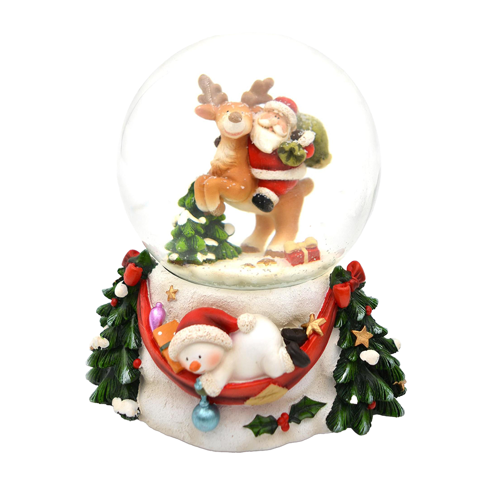 Viv! Christmas Snow Globe incl. Music Box - Santa Claus with Reindeer and Snowman - white red - 14.5cm