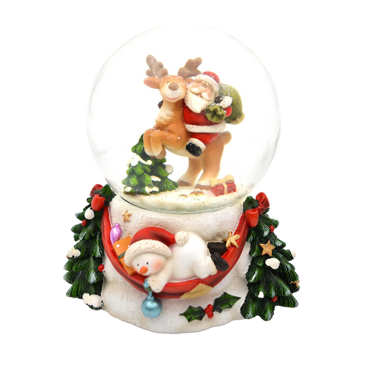 Viv! Christmas Snow Globe incl. Music Box - Santa Claus with Reindeer and Snowman - white red - 14.5cm