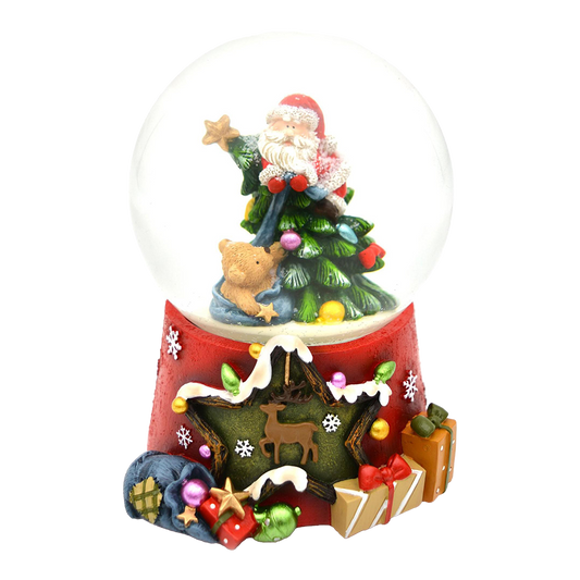 Viv! Christmas Snow Globe incl. Music Box - Santa at Christmas Tree with Teddy Bear - Red - 14.5cm