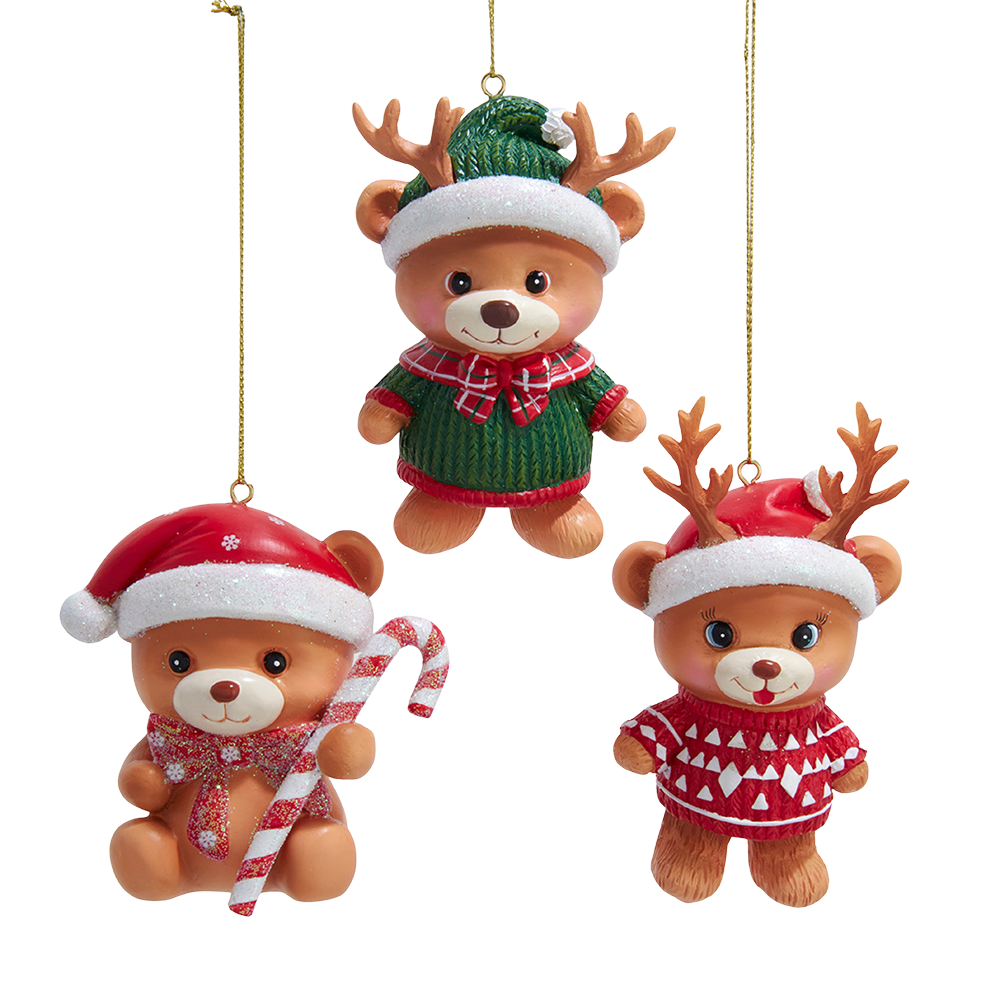 Kurt S. Adler Weihnachtsanhänger - Teddybären mit Rentiergeweih und Süßigkeiten - 3er-Set - Rot Grün - 10 cm