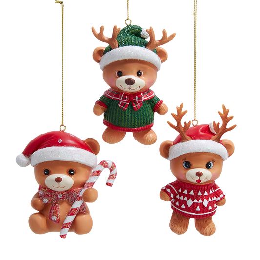 Kurt S. Adler Christmas Ornament - Teddy Bears w/ Reindeer Antlers & Candy - Set of 3 - Red Green - 10 cm