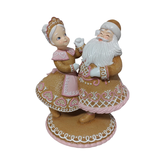 December Diamonds Kerstbeeld - Dansende Gingerbread Mr. & Mrs. Claus - bruin wit roze - 33cm