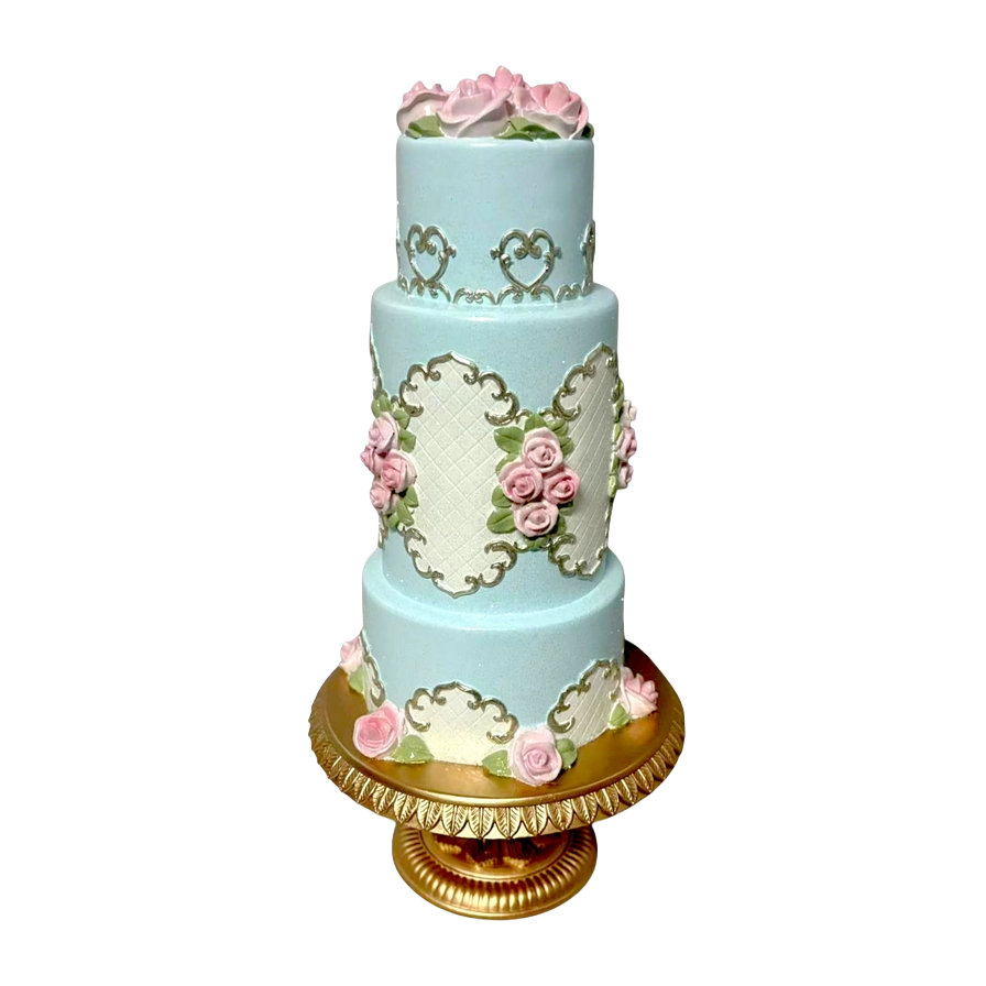 December Diamonds Weihnachtsfigur - Marie's Blaue Torte mit Rosen - Rosa Blau Gold - 46 cm