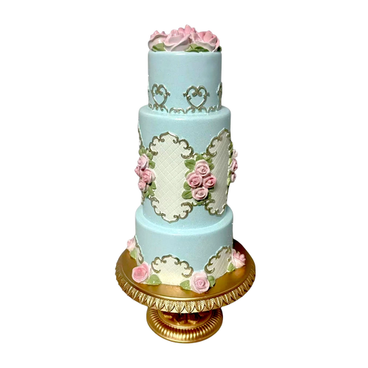 December Diamonds Kerstbeeld - Marie's Blauwe Taart met Rozen - roze blauw goud - 46cm