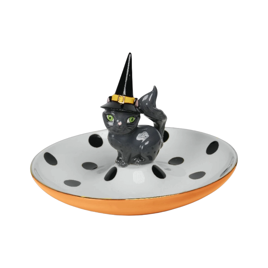 December Diamonds Halloween Decor - Black Cat with Witch Hat Candy Dish - 25cm