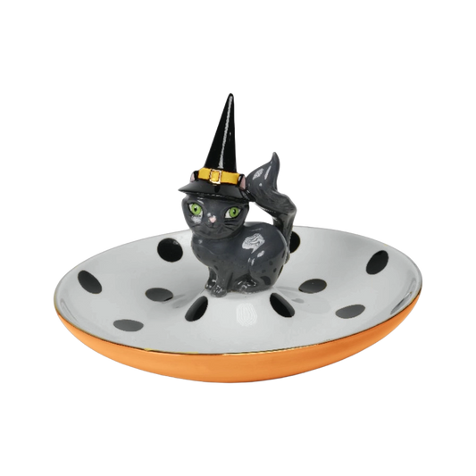 December Diamonds Halloween Decor - Black Cat with Witch Hat Candy Dish - 25cm