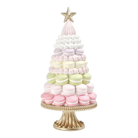 December Diamonds Kerstbeeld - Macaron Kerstboom op Taartschaal - pastel roze groen - 46cm