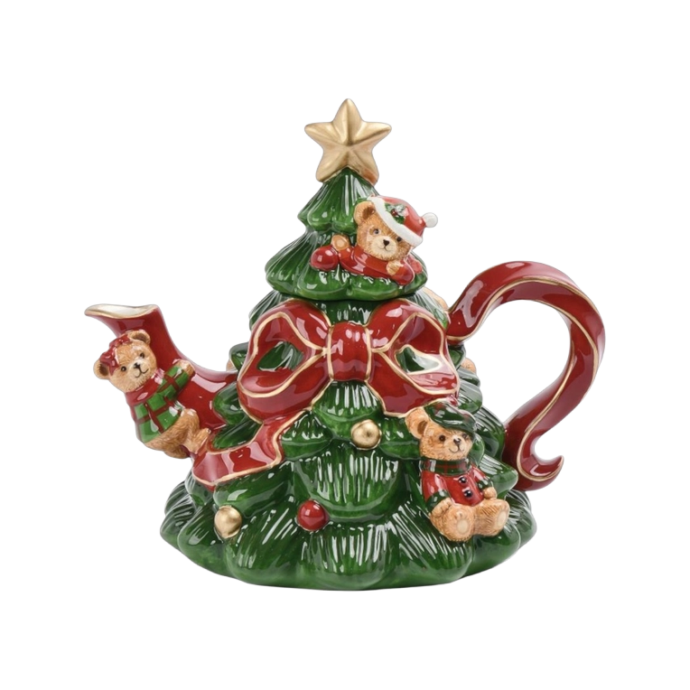 December Diamonds Christmas Tableware - Tree Teapot with Teddy Bears - Ceramic - Red Green - 22 cm