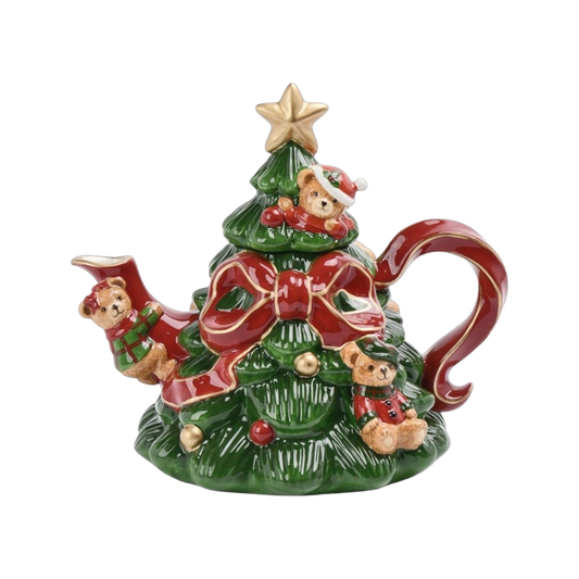 December Diamonds Kerstservies - Kerstboom Theepot met Beren - keramiek - rood groen - 22cm