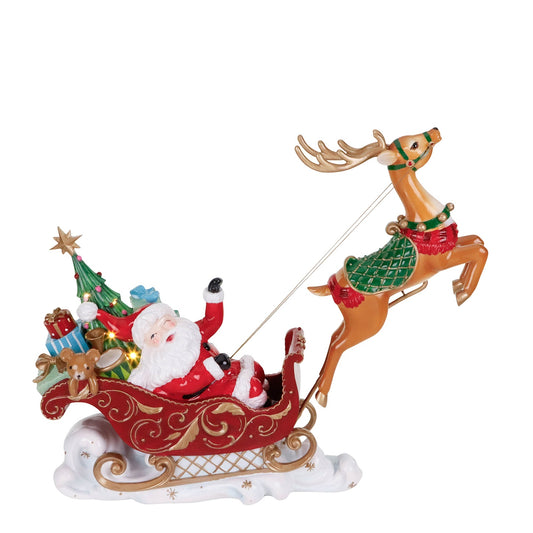 Goodwill M&G Weihnachtsfigur - Weihnachtsmann im Schlitten mit Rentier und LED-Beleuchtung - Rot Grün - 52 cm