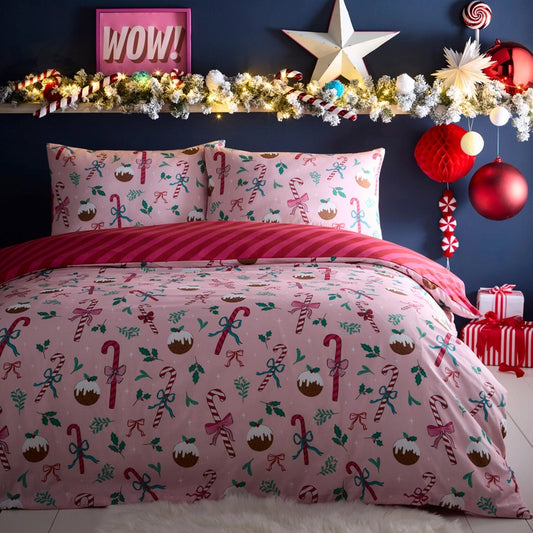 Viv! Christmas Kerst Dekbedovertrek - Pink Candy Cane - Reversible