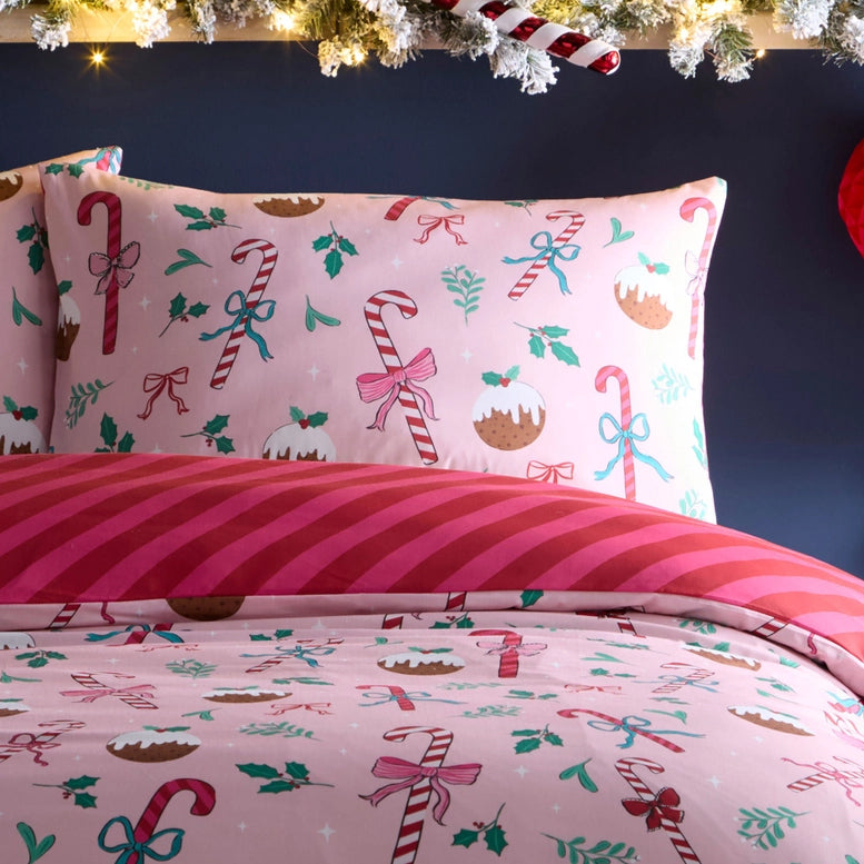 Viv! Christmas Duvet Cover Set - Pink Candy Cane - Reversible