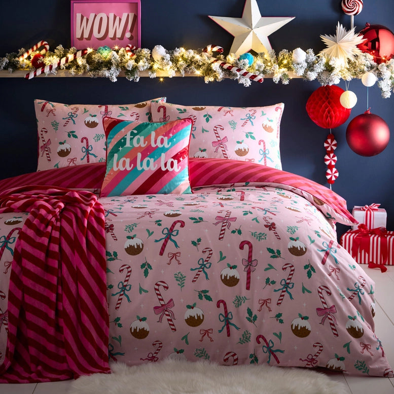 Viv! Christmas Duvet Cover Set - Pink Candy Cane - Reversible