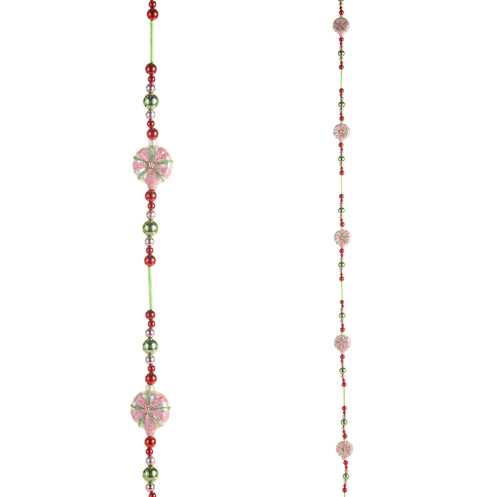 Viv! Christmas Garland - Peppermint Candy & Beads - Glass - Red Pink Green - 183 cm