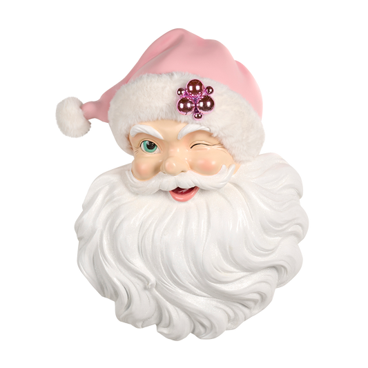 Viv! Christmas Kerst Wanddecoratie - Knipogende Kerstman - roze wit - 66cm