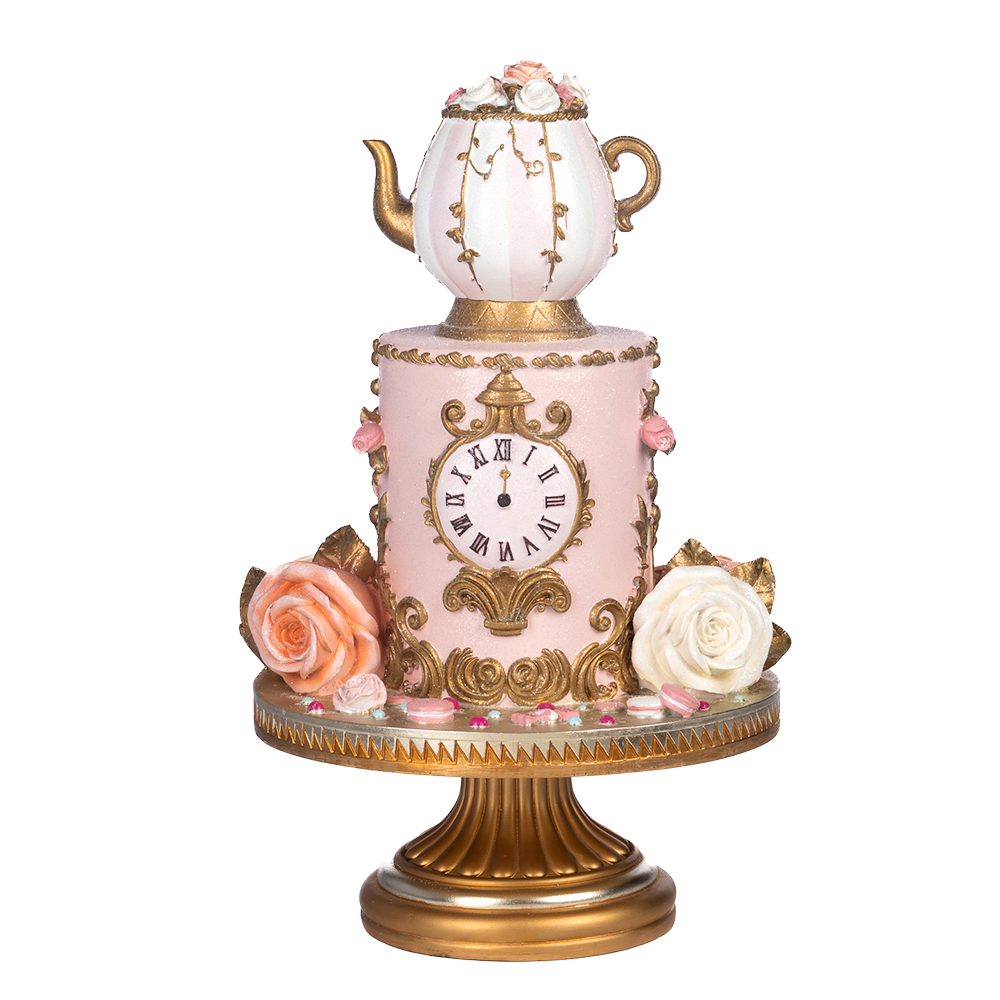 Goodwill M&G Christmas Tabletop Figure - Alice in Wonderland Cake with Teapot on Cake Plate - Rose Gold - 45cm