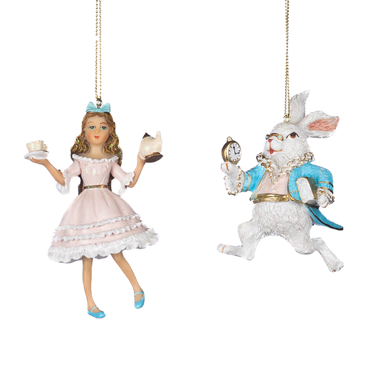 Goodwill M&G Kerstornament - Alice in Wonderland en Konijn - set van 2 - pastel - roze blauw - 10cm