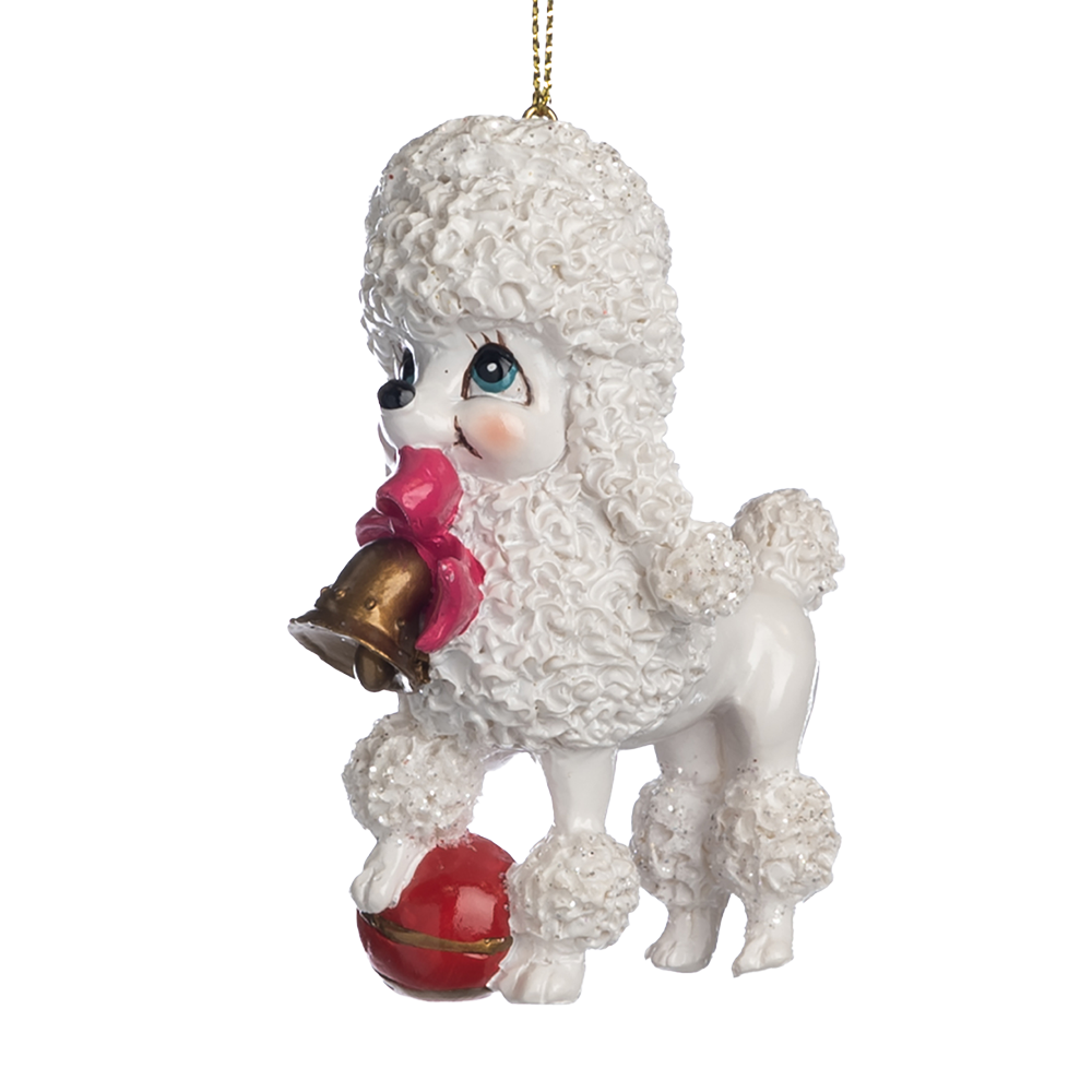 Goodwill M&G Christmas Ornament - Poodle Dog with Christmas Bell and Ball - White - 8.5cm