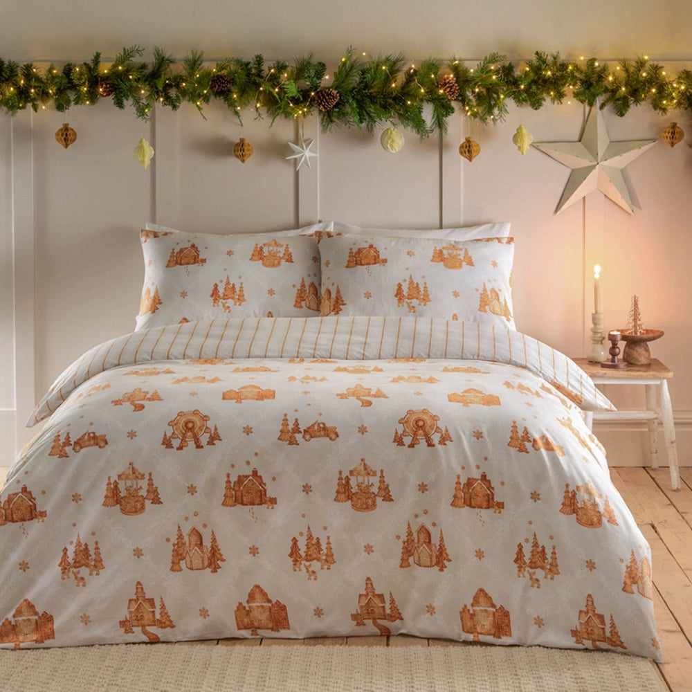 Viv! Christmas Duvet Cover Set - Gingerbread Village - Brushed Cotton - Reversible
