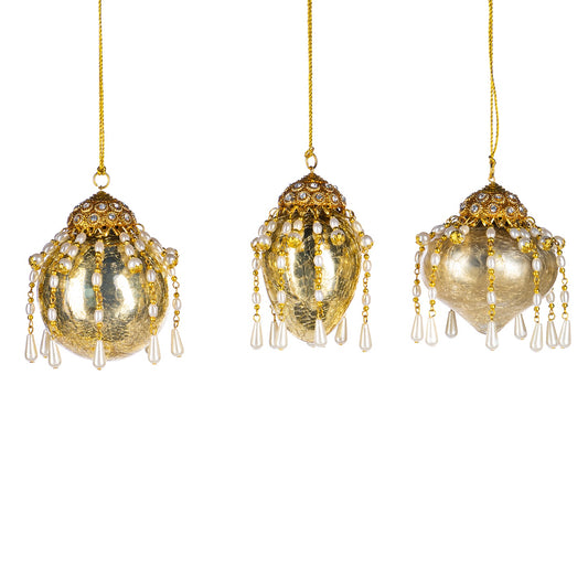 Goodwill M&G Christmas Baubles - Glass Ornaments with Dangling Pearls - set of 3 - gold - 9cm