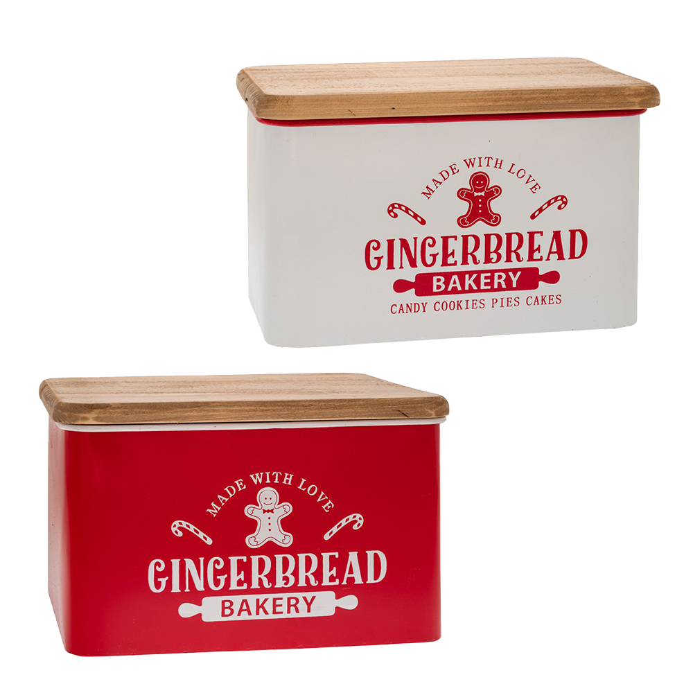 Viv! Christmas tableware - 'Gingerbread Bakery' Metal Cookie Jar with Wooden Lid - set of 2 - metal - red white - 35cm