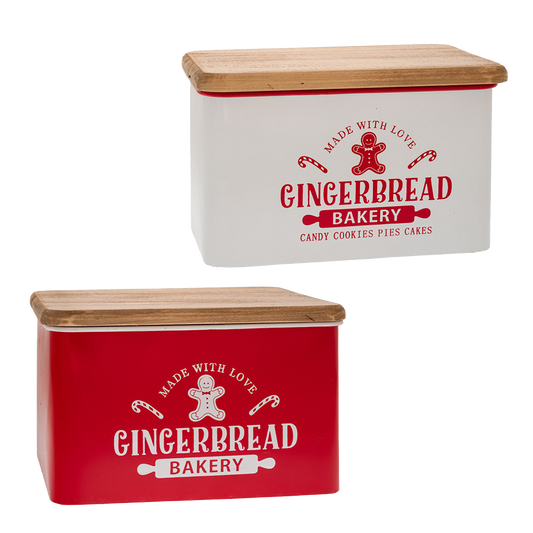 Viv! Christmas tableware - 'Gingerbread Bakery' Metal Cookie Jar with Wooden Lid - set of 2 - metal - red white - 35cm