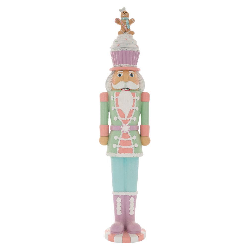 Viv! Christmas Tabletop Figure - Large Nutcracker with Gingerbread Cupcake - Pastel - Pink Green - 68cm