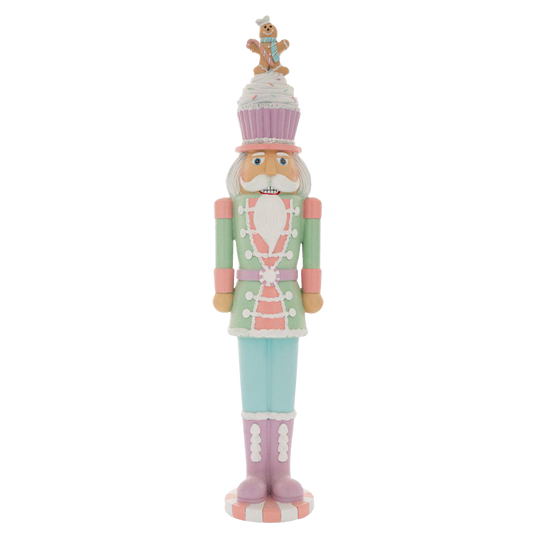 Viv! Christmas Tabletop Figure - Large Nutcracker with Gingerbread Cupcake - Pastel - Pink Green - 68cm