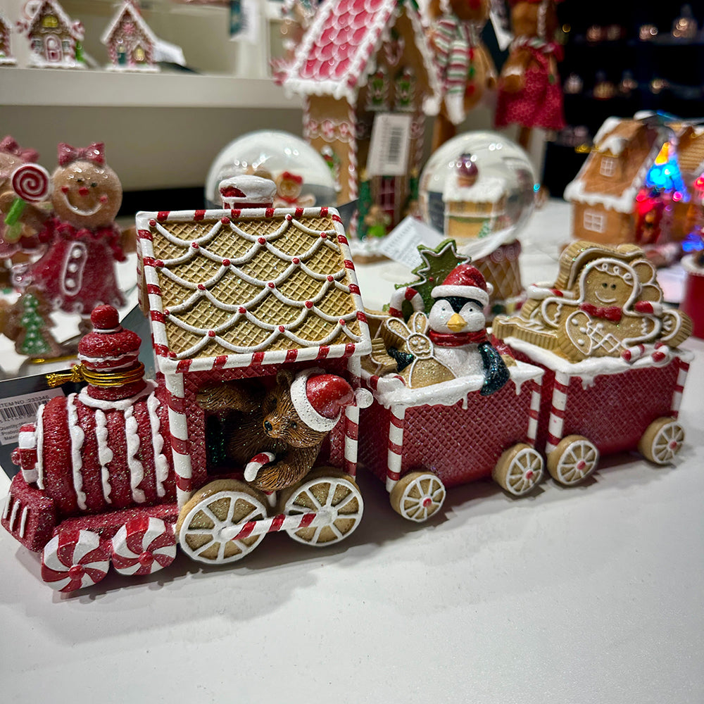 Viv! Christmas Kerstbeeld - Gingerbread Trein met Pinguïn - rood wit - 33x15cm