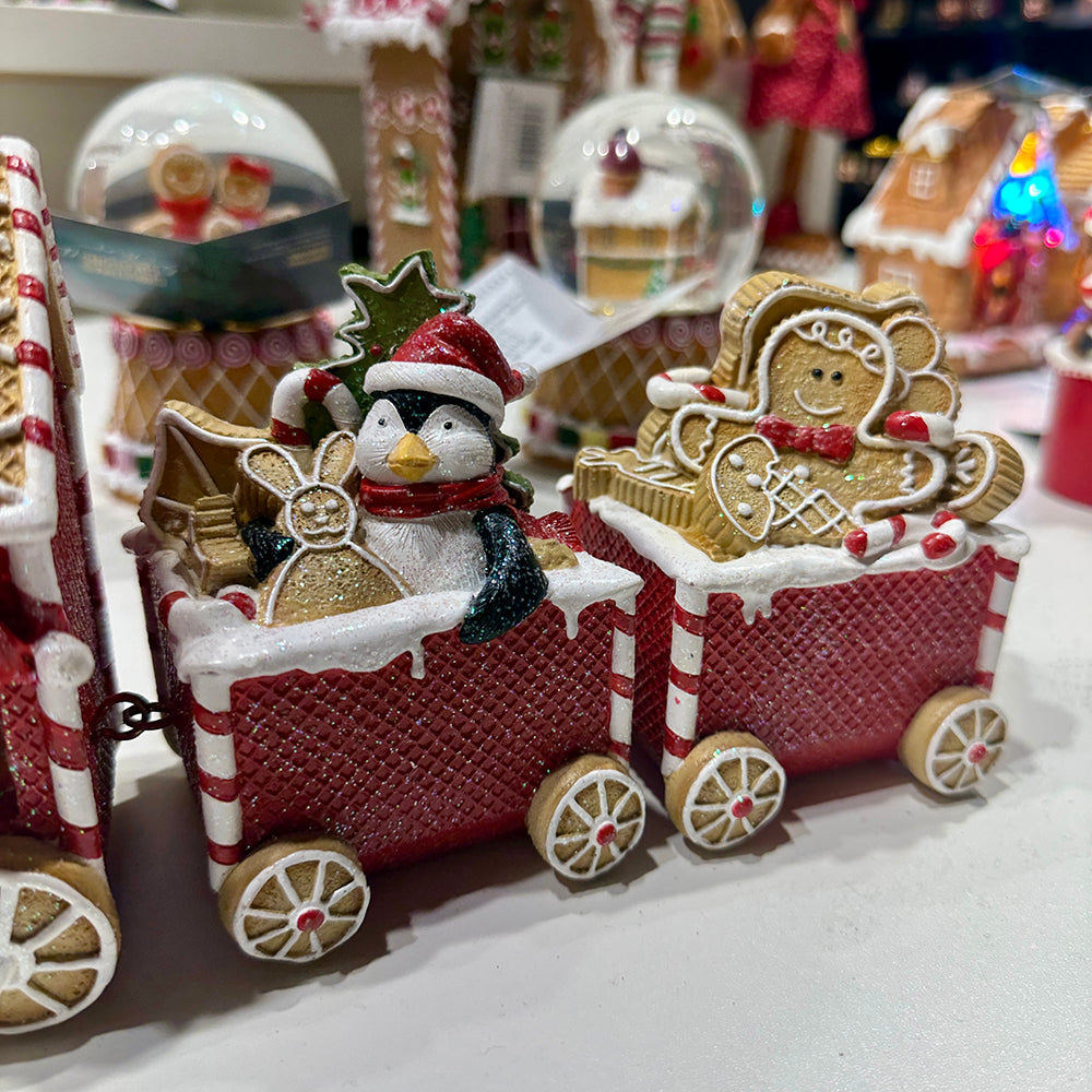 Viv! Christmas Tabletop Figure - Gingerbread Train with Penguin - red and white - 33x15cm