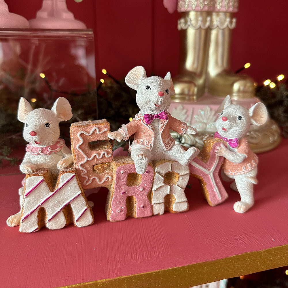 Viv! Christmas Tabletop Figure - 'Merry' Mice - pastel pink - 23x12cm