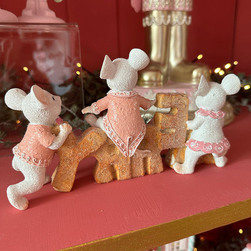 Viv! Christmas Tabletop Figure - 'Merry' Mice - pastel pink - 23x12cm