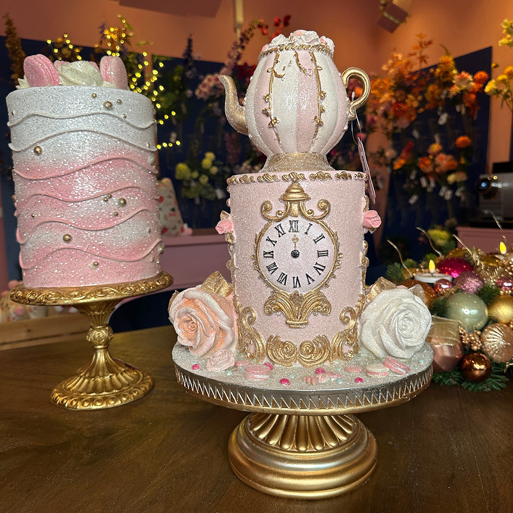 Goodwill M&G Christmas Tabletop Figure - Alice in Wonderland Cake with Teapot on Cake Plate - Rose Gold - 45cm