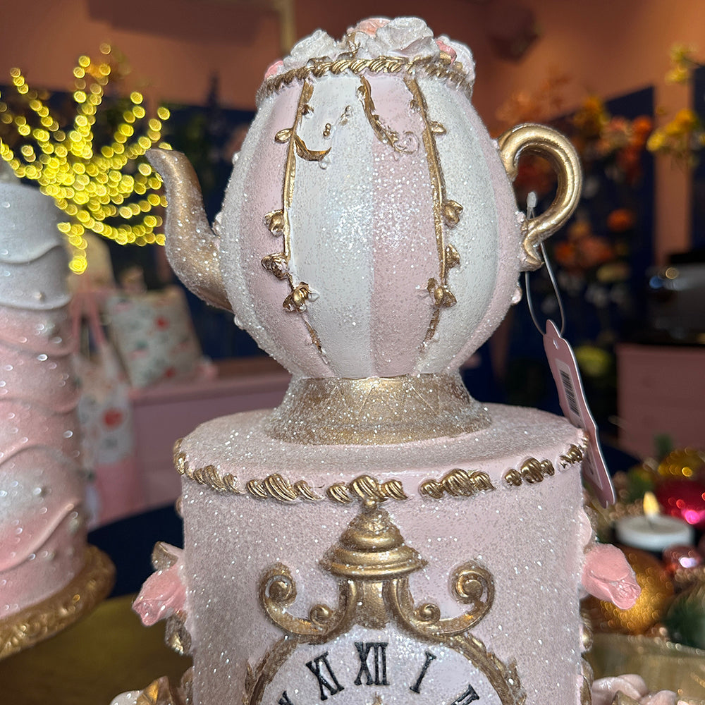 Goodwill M&G Christmas Tabletop Figure - Alice in Wonderland Cake with Teapot on Cake Plate - Rose Gold - 45cm