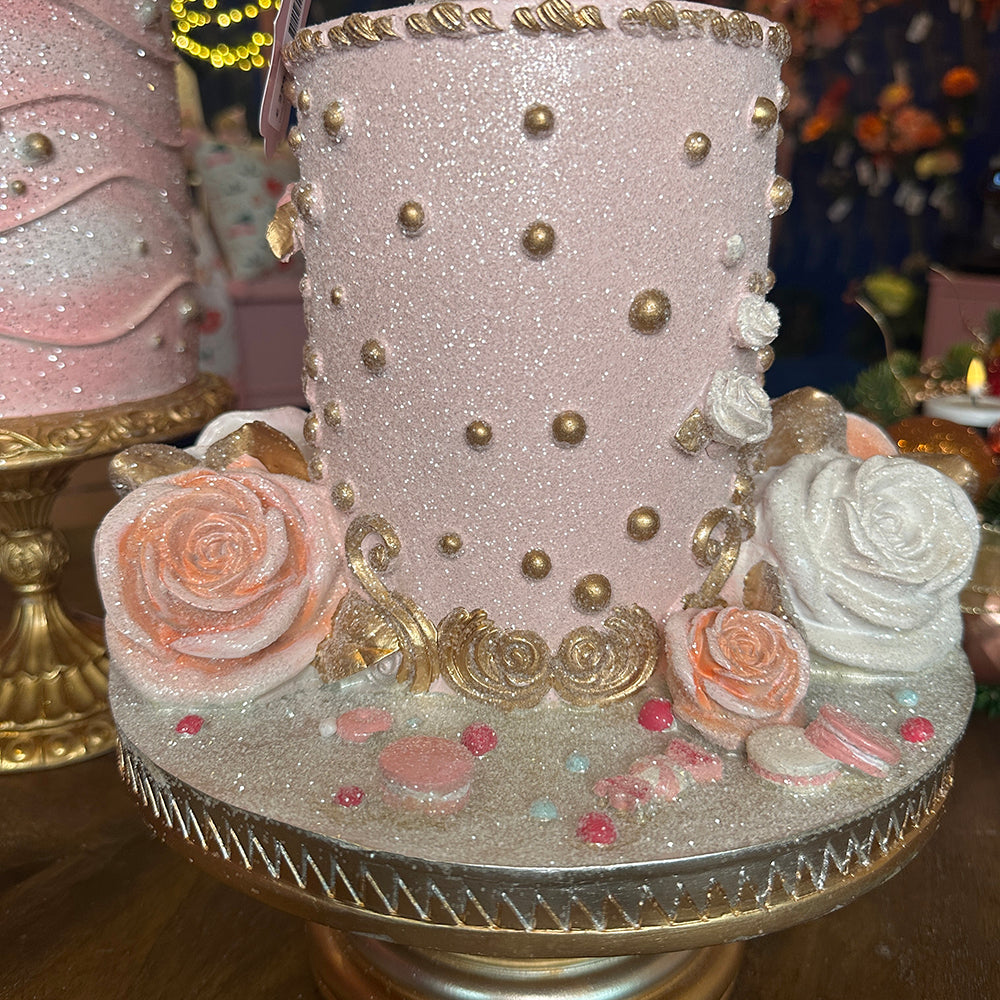 Goodwill M&G Christmas Tabletop Figure - Alice in Wonderland Cake with Teapot on Cake Plate - Rose Gold - 45cm