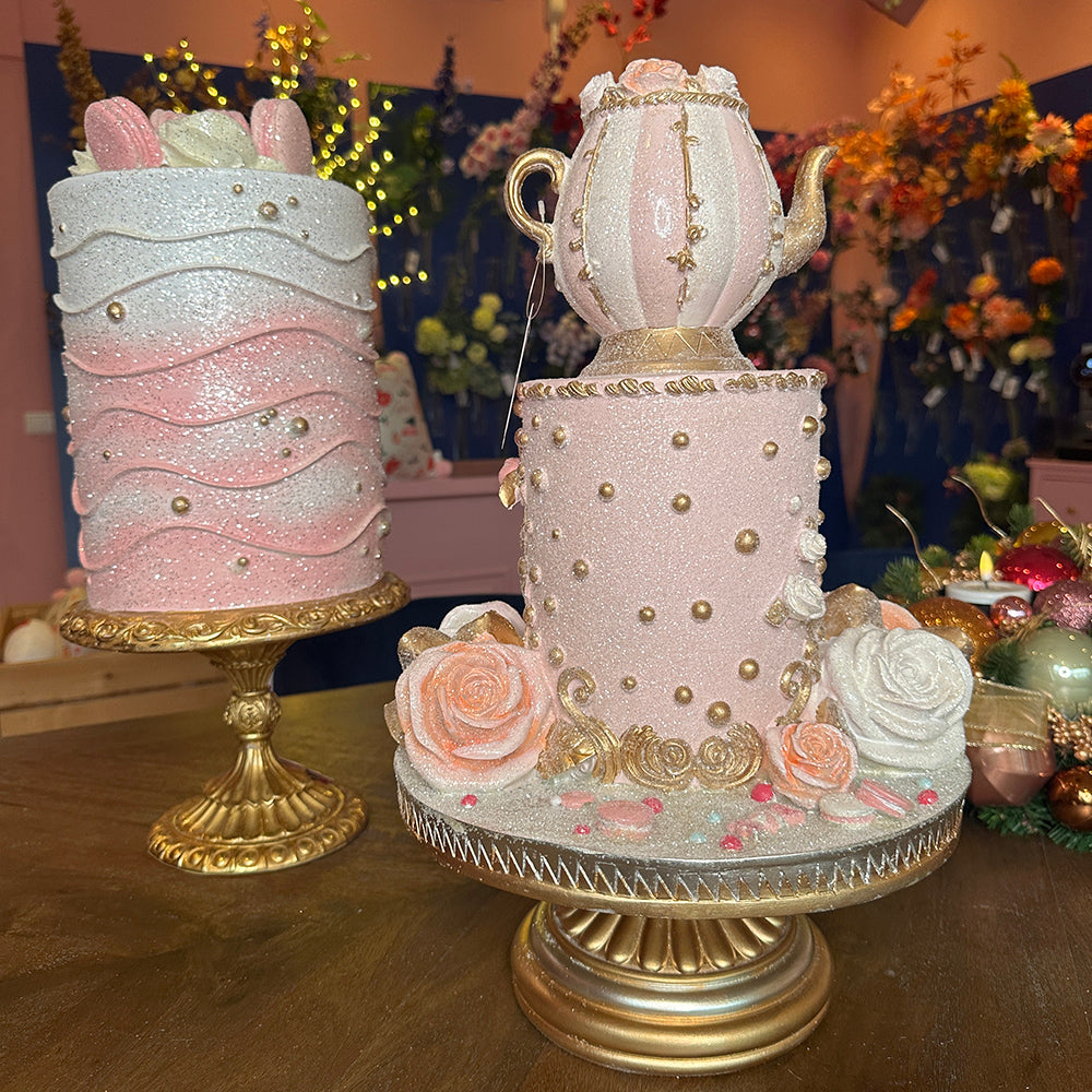 Goodwill M&G Christmas Tabletop Figure - Alice in Wonderland Cake with Teapot on Cake Plate - Rose Gold - 45cm