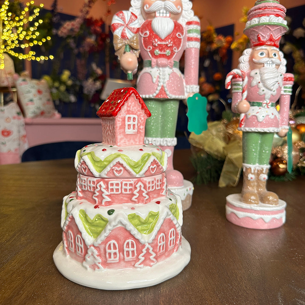 Viv! Christmas tableware - Cookie Jar Gingerbread House - ceramic - pastel - pink - 18cm