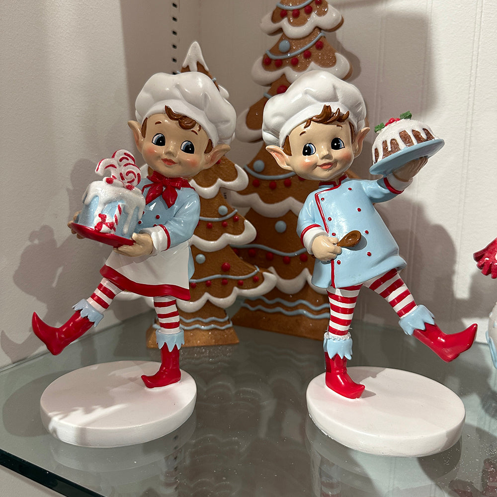 Viv! Christmas Tabletop Figure - Elf Bakers with Cake - Set of 2 - Blue Red - 18 cm