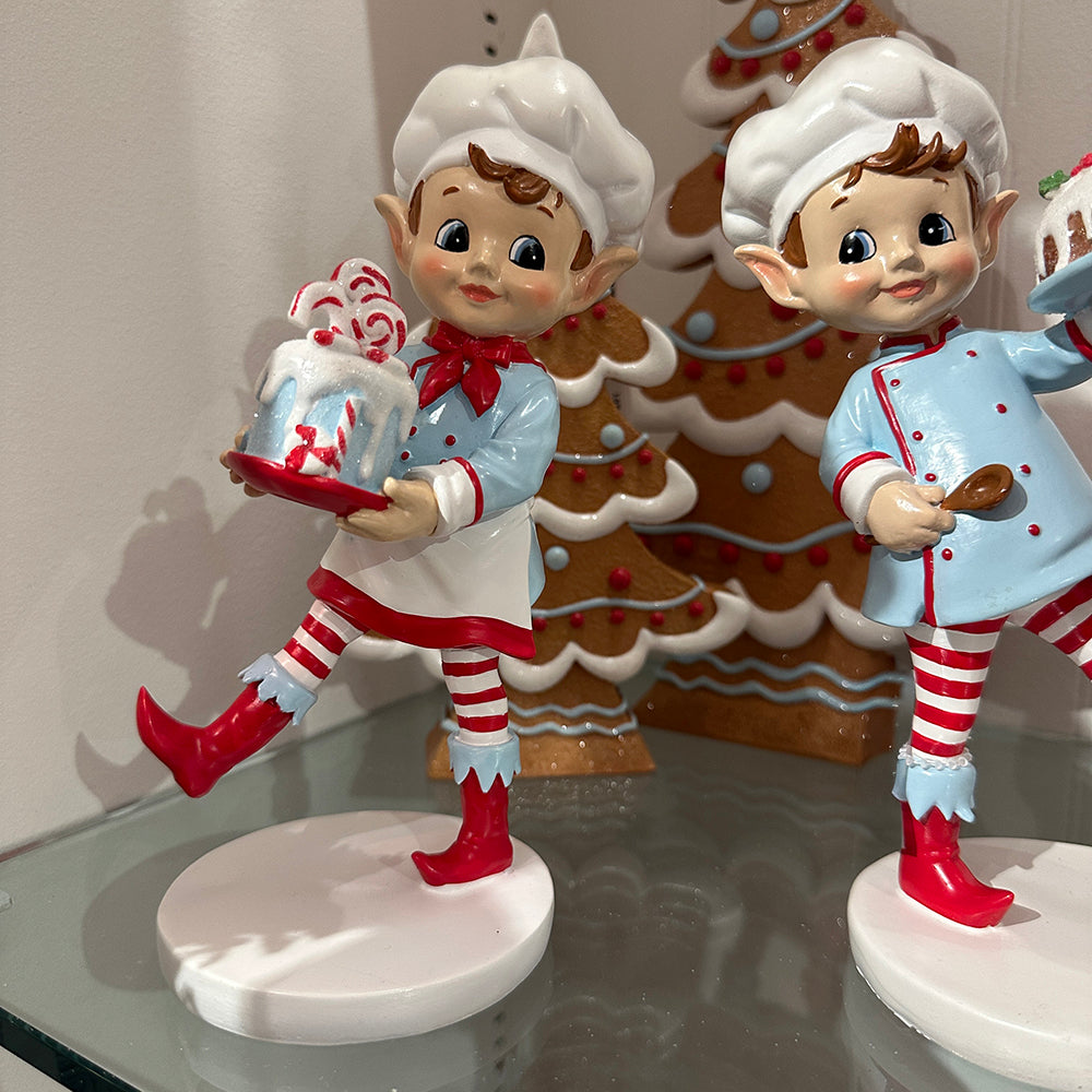Viv! Christmas Tabletop Figure - Elf Bakers with Cake - Set of 2 - Blue Red - 18 cm