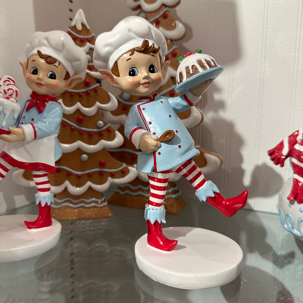 Viv! Christmas Tabletop Figure - Elf Bakers with Cake - Set of 2 - Blue Red - 18 cm
