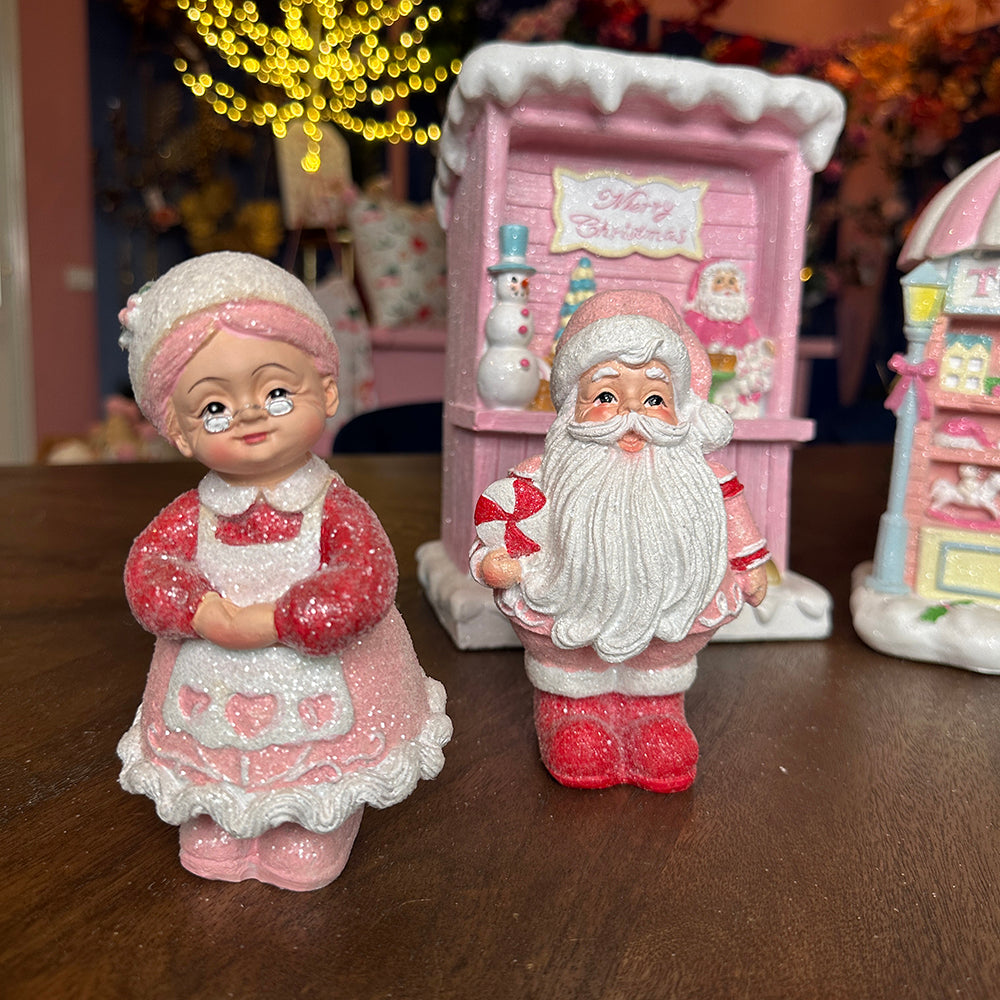 Viv! Christmas Tabletop Figure - Mr. and Mrs. Santa with Candy - set of 2 - pink white red - 15cm