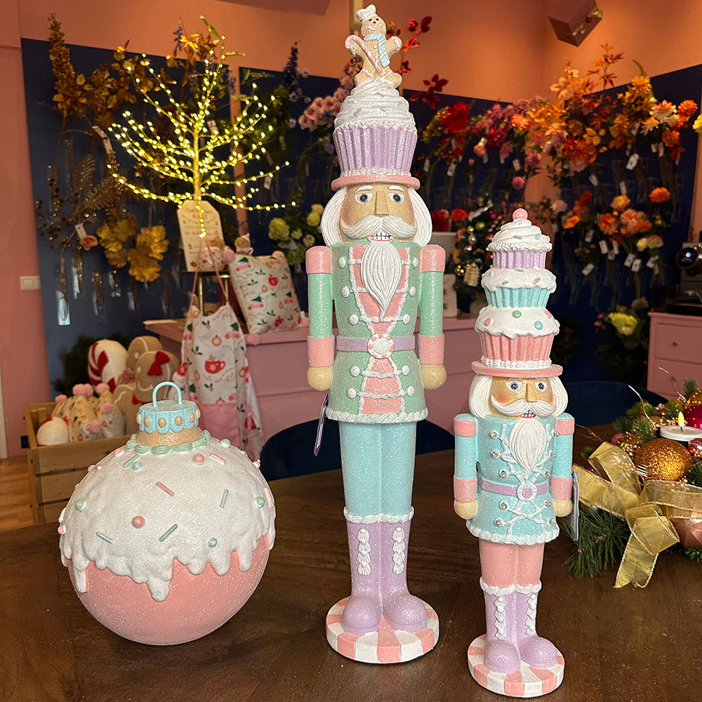 Viv! Christmas Tabletop Figure - Large Nutcracker with Gingerbread Cupcake - Pastel - Pink Green - 68cm