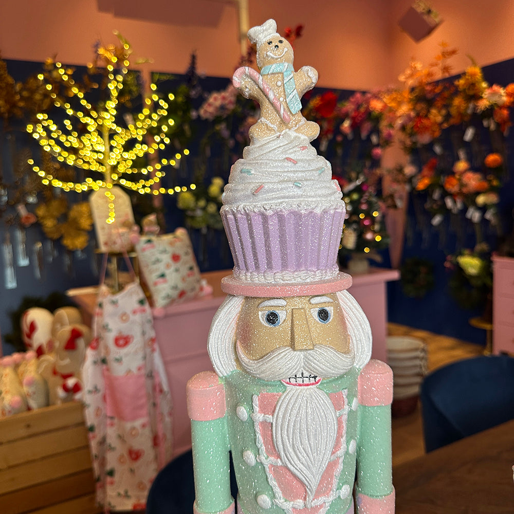 Viv! Christmas Tabletop Figure - Large Nutcracker with Gingerbread Cupcake - Pastel - Pink Green - 68cm