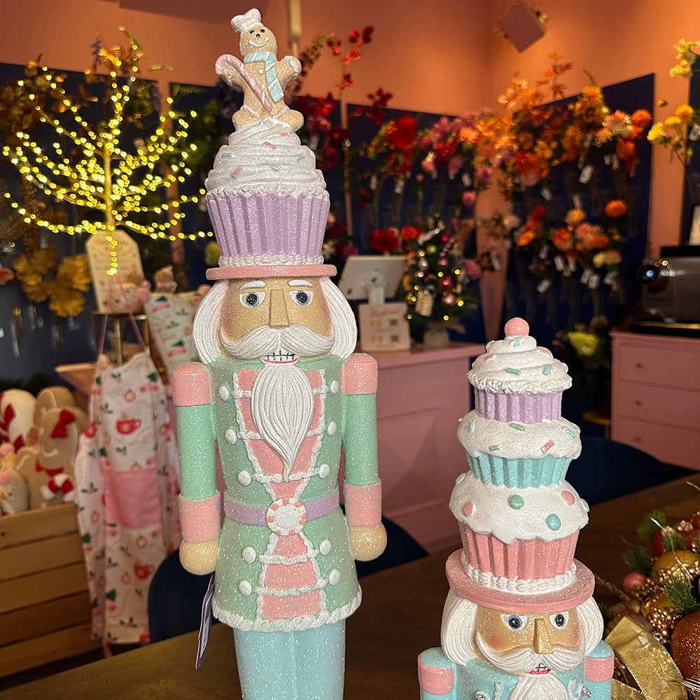 Viv! Christmas Tabletop Figure - Large Nutcracker with Gingerbread Cupcake - Pastel - Pink Green - 68cm