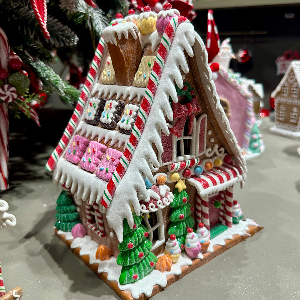 Viv! Christmas Tabletop Figure - Gingerbread House Sweets and Cookies incl. LED Lighting - Red Pink Brown - 19cm