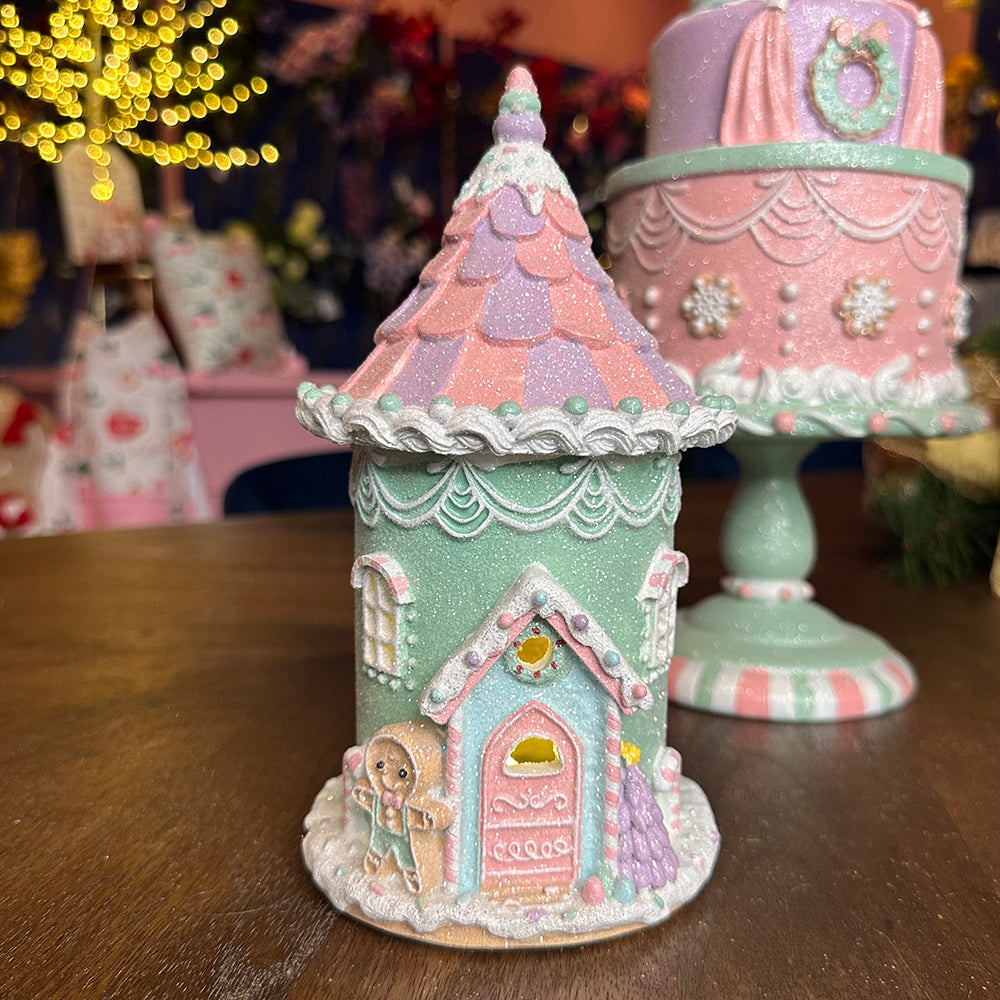 Viv! Christmas Tabletop Figure - Gingerbread House with Candy incl. LED Lighting - Pastel - Pink Green - 21cm