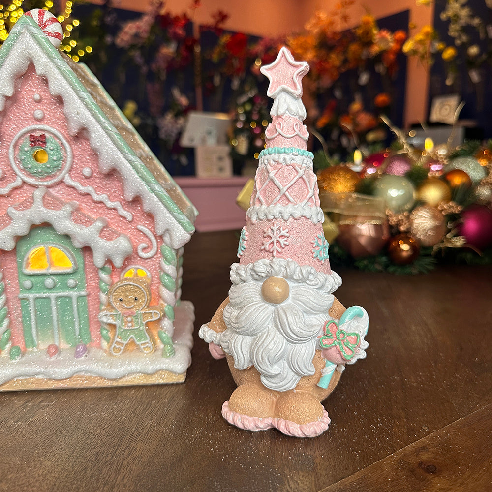 Viv! Christmas Kerstbeeld - Gingerbread Gnooms met Snoepgoed - set van 2 - pastel - roze blauw - 20cm