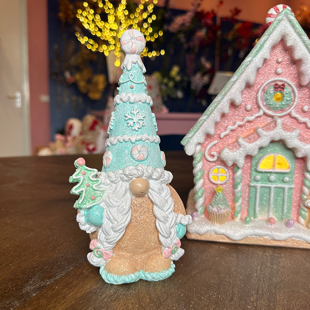 Viv! Christmas Kerstbeeld - Gingerbread Gnooms met Snoepgoed - set van 2 - pastel - roze blauw - 20cm